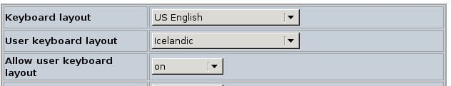 In our example screenshot the system administrator has set a default keyboard layout of "US English", but the user has decided to use "Icelandic."